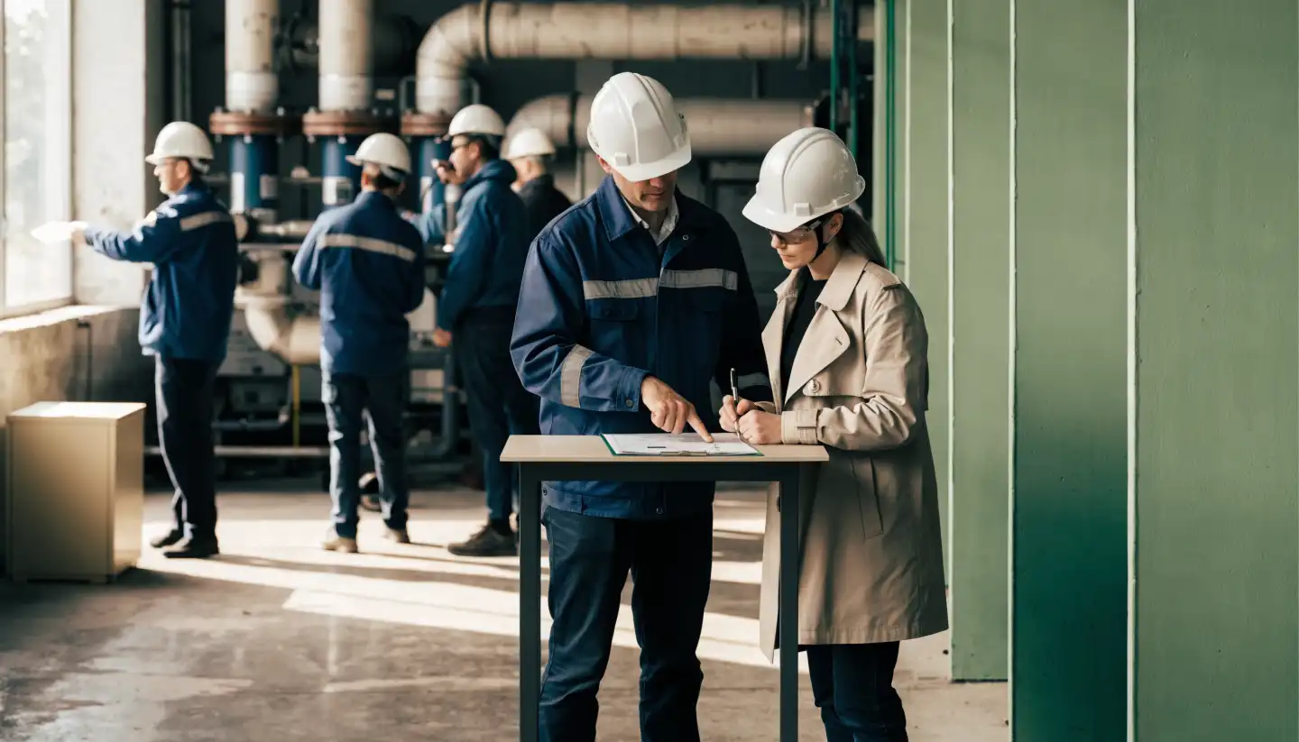 Een HSE-professional licht afspraken toe bij een werkvergunning op de werkvloer.