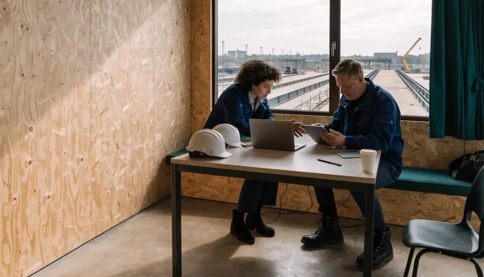 Twee HSE-professionals bekijken samen een opdracht op een laptop en tablet in een bouwkeet.