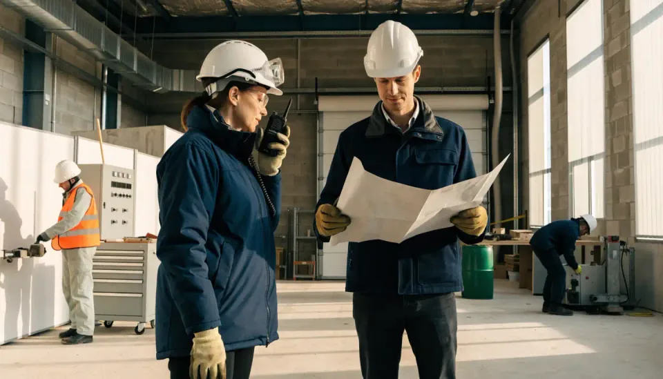 Een HSE-adviseur stemt via de portofoon werkzaamheden af terwijl een collega de bouwtekening controleert.