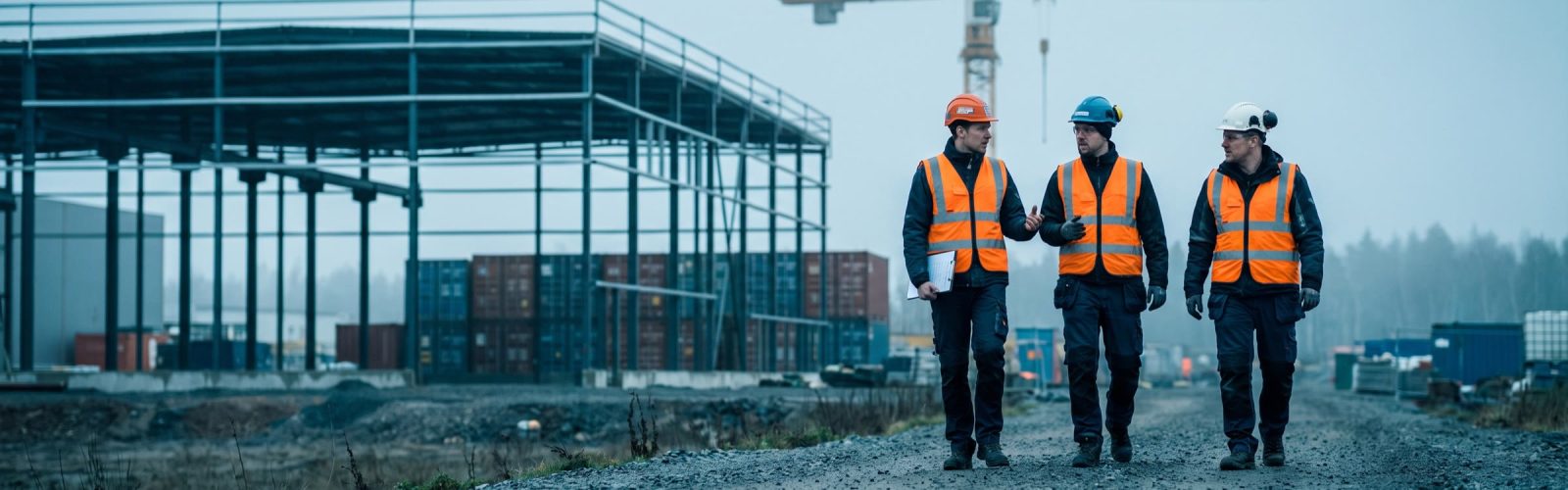 Drie HSE-professionals in hesje en helm lopen in gesprek over een bouw- en logistiekterrein