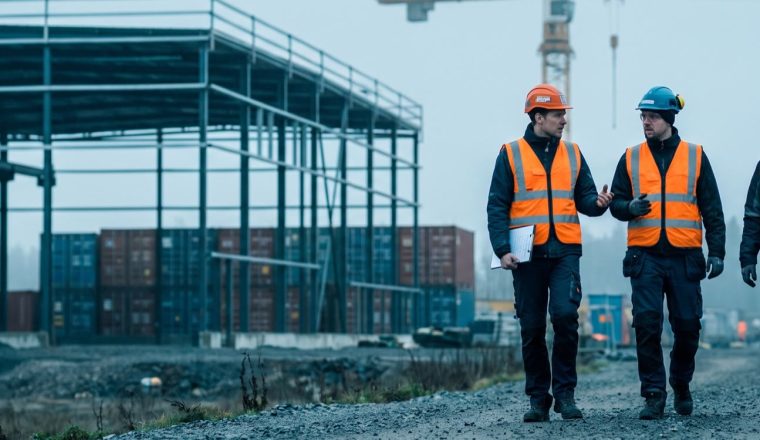 Drie HSE-professionals in hesje en helm lopen in gesprek over een bouw- en logistiekterrein