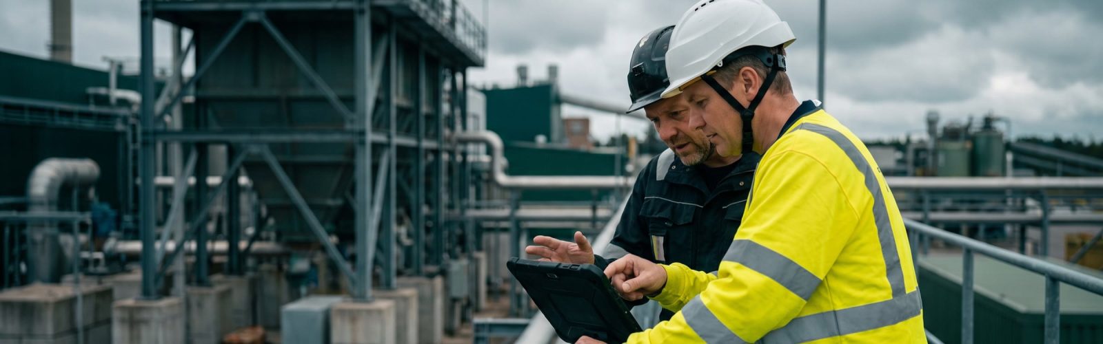 Veiligheidskundige en uitvoerder bekijken samen een tablet tijdens een inspectie op een industrieterrein