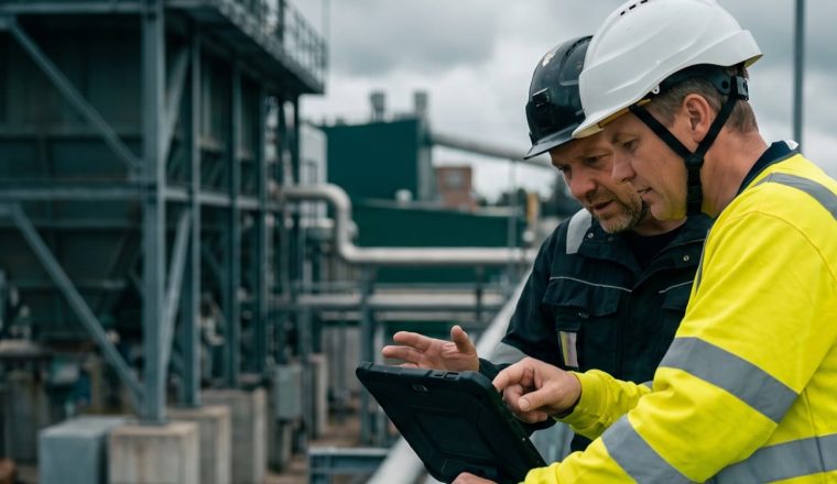 Veiligheidskundige en uitvoerder bekijken samen een tablet tijdens een inspectie op een industrieterrein